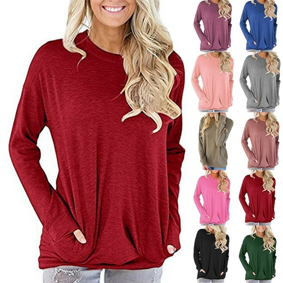 Women's Long Sleeve Shirts for Women Plus Size Casual Sweatshirt Pullover Loose Tunic Shirts Blouse Tops With Pocket