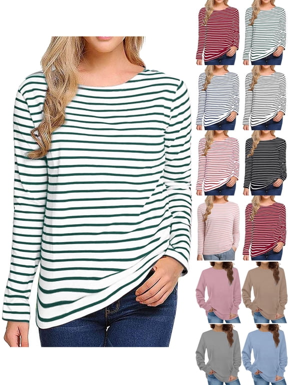 Sweatshirts for Women Crew-Neck Casual Long Sleeve Striped Printed Shirts Tunic Tops Green S