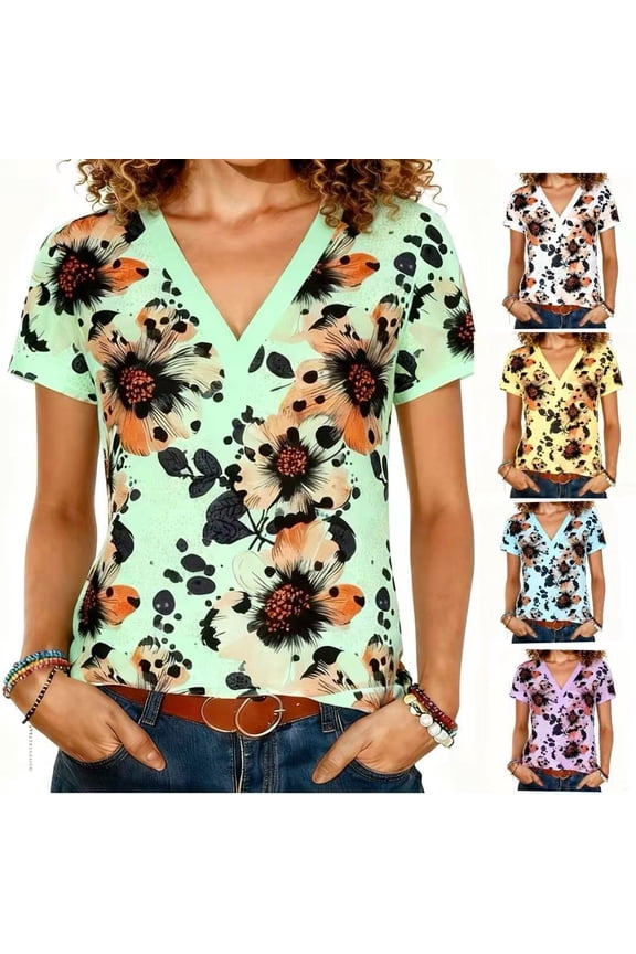 T Shirt for Women Summer Floral Blouse Short Sleeve V Neck Tops Casual Tops Fashion Daily Wear Boho Chic Top Summer Holiday Beach Fashion