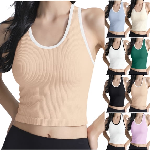 Lenago Tank Tops for Women High Elasticity Ribbed Chest Cushion Integrated Seamless Running Sports Top Yoga Shirts Athletic Running Tank Tops Sleeveless Gym Clothes