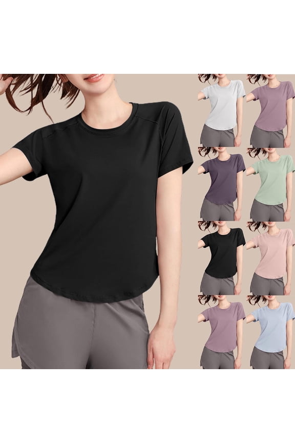 Tops Wimens Tops Women's Top Women’S Fashion Solid Color Yoga Suit Breathable Short Sleeve Round-Neck Blouses Shirts Purple M