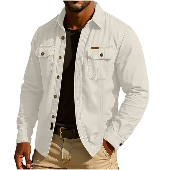 Lenago Unisex Mens Jean Jacket Long Sleeve Vintage Solid Color Turndown Collar Blouse Shirt Cropped Denim Jacket Light Wash Short Jean Jacket Trucker Coat