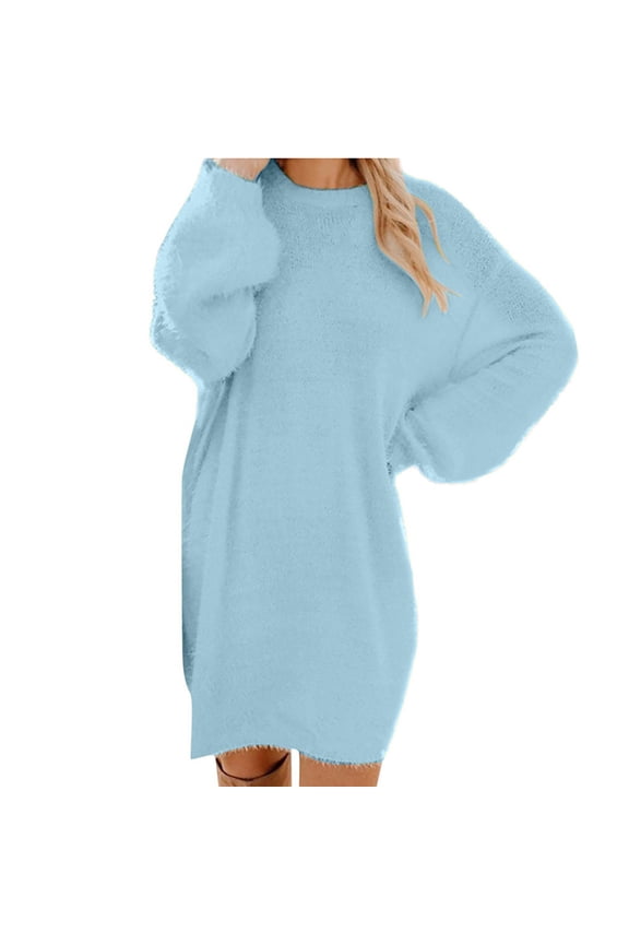 Wedding Guest Dresses for Women Plus Size Medium Length Long Sleeved Round Neck Loose Plush Dress Beach Vacation Dress