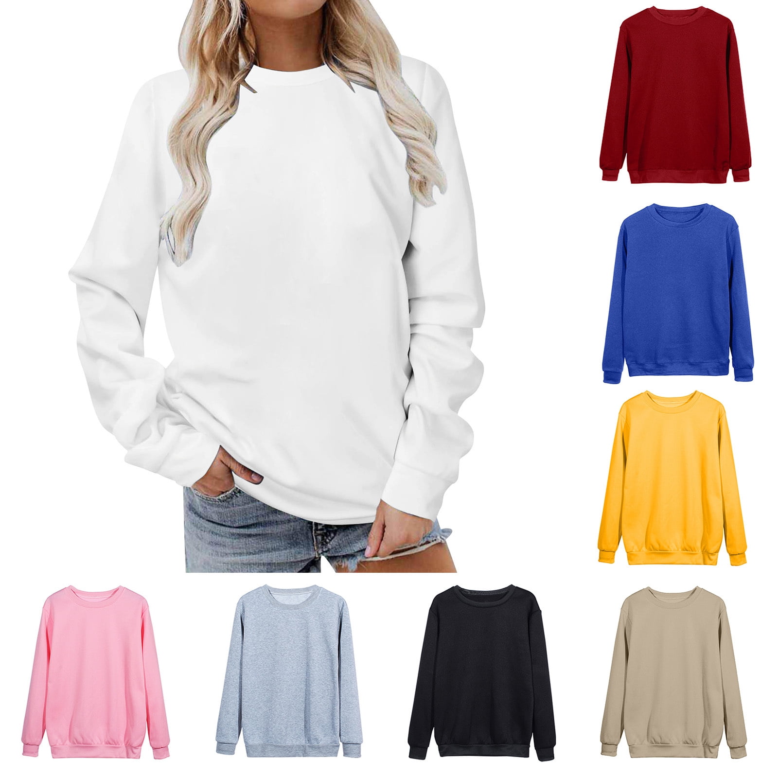 White Sweatshirt for Women Long Sleeves Casual Shirts Color Round Neck Sweatshirt Crewneck Pullover Tunic Tops Fall Winter Outfits Clothes