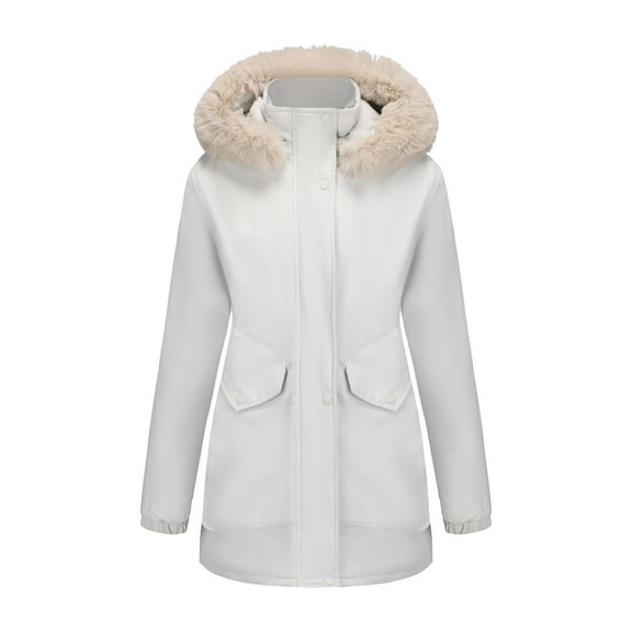 Lenago Winter Clothing for Women Solid Color Pocket Parka Outwear Waterproof and Windproof Outdoors Long Sleeved Hooded Jacket Lightweight Puffer Jacket(White 2XL)