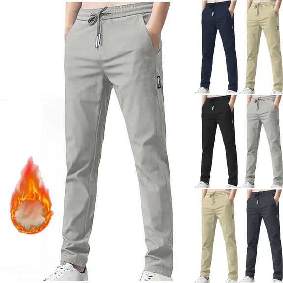 Lenago Winter Men's Pants Thermal Pants Fleece Lined Bottom with Side Pockets Elastic Casual Winter Pants Comfy Warm Hiking Outdoor Pants for Cold Weather Plus Size