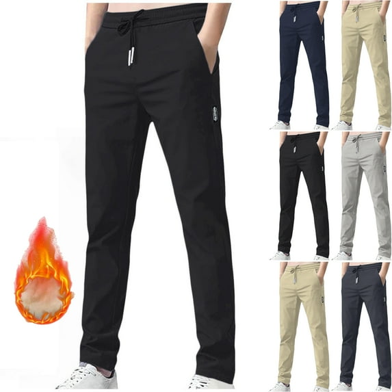 Lenago Winter Men's Pants Thermal Pants Fleece Lined Bottom with Side Pockets Elastic Casual Winter Pants Comfy Warm Hiking Outdoor Pants for Cold Weather Plus Size