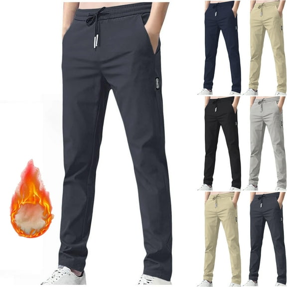 Lenago Winter Men's Pants Thermal Pants Fleece Lined Bottom with Side Pockets Elastic Casual Winter Pants Comfy Warm Hiking Outdoor Pants for Cold Weather Plus Size
