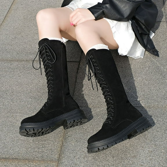 Lenago Winter Over-the-Knee Boots for Women Elastic Boots Platform Chunky Heel Stretchy Tall Boots Side Zipper Fall Winter Effortless Party Boots