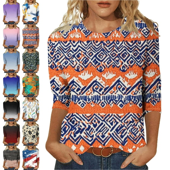 Lenago Women Blouses 3/4 Sleeves Colored Printing Crew Neck T Shirt Fashion Loose Comfort Mid-Length Blouse Casual Summer Beach Vacation Tops Everyday Costume Spring Autumn Tops For Women(US:4-12)