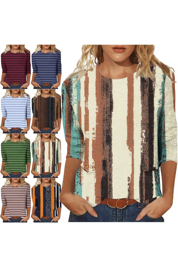 Women Blouses 3/4 Sleeves Colored Printing Crew Neck T Shirt Fashion Loose Comfort Mid-Length Blouse Casual Summer Beach Vacation Tops Everyday Costume Spring Autumn Tops For Women(US:4-12)