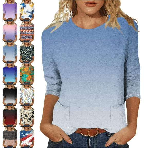 Lenago Women Blouses 3/4 Sleeves Gradient Color Crew Neck T Shirt Fashion Loose Comfort Mid-Length Blouse Round Neck Casual Tops Summer Vacation Everyday Costume Going,Beach Shirt For Women (US:4-12)