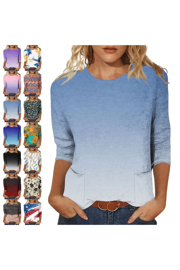 Women Blouses 3/4 Sleeves Gradient Color Crew Neck T Shirt Fashion Loose Comfort Mid-Length Blouse Round Neck Casual Tops Summer Vacation Everyday Costume Going,Beach Shirt For Women (US:4-12)