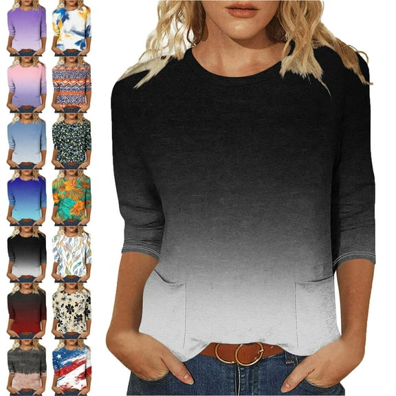 Lenago Women Blouses 3/4 Sleeves Gradient Color Crew Neck T Shirt Fashion Loose Comfort Mid-Length Blouse Round Neck Casual Tops Summer Vacation Everyday Costume Going,Beach Shirt For Women (US:4-12)