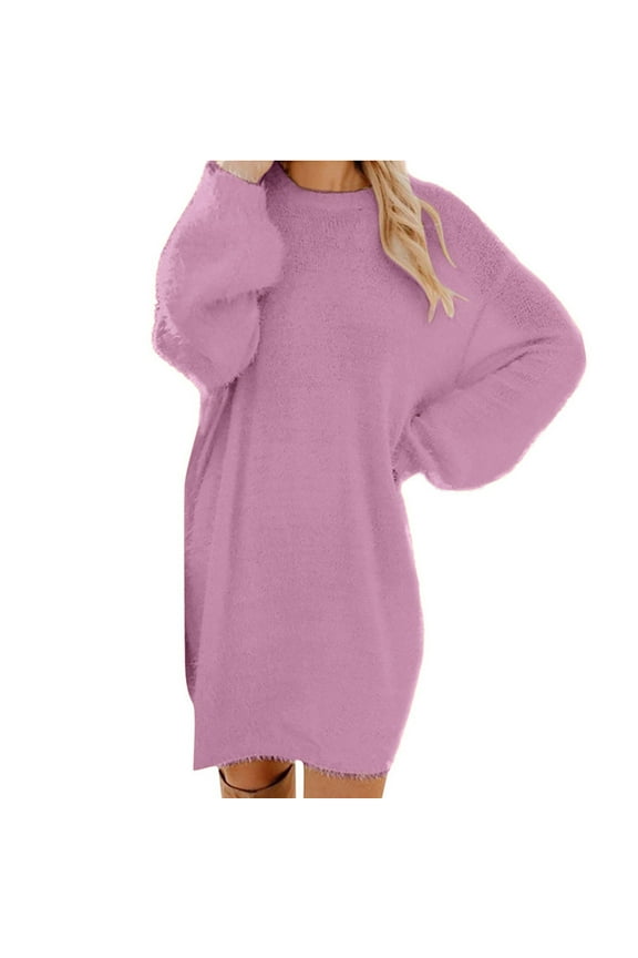 Women Casual Fall Dress Plus Size Medium Length Long Sleeved Round Neck Loose Plush Dress Flowy Long Dress