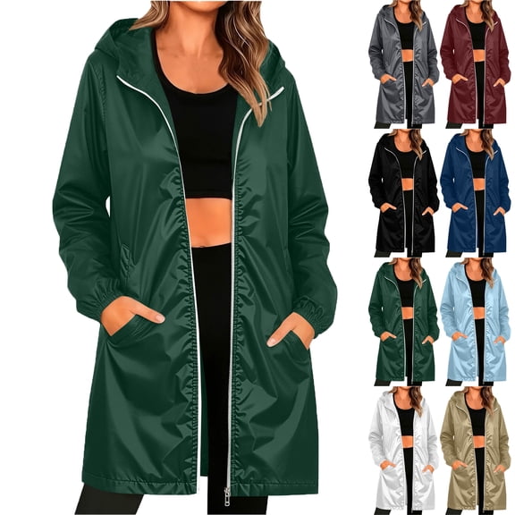 Lenago Women Mid Length Waterproof Hooded Rain Jacket Long Sleeve for Fall Winter Rainy Days Commuting Work Daily Wear Multiple Colors