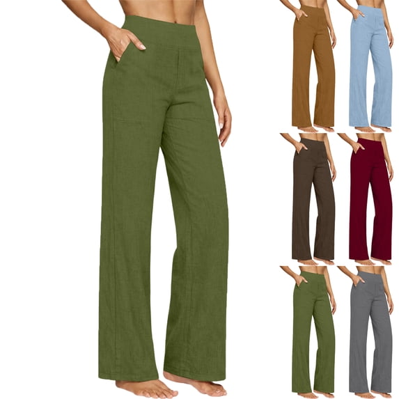 Lenago Women Spring Summer High WaistedCasual Solid Color Pockets Long Pants