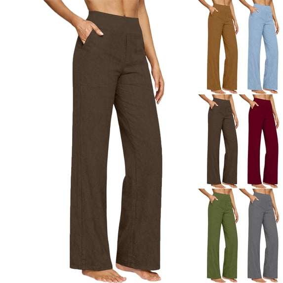 Lenago Women Spring Summer High WaistedCasual Solid Color Pockets Long Pants
