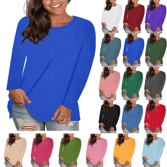 Womens Tops Trendy Lenago Women's Fashion Causal Solid Loose Long Sleeve T-shirt Plus Size Pullover Tops Clearance Clothes under $5.00
