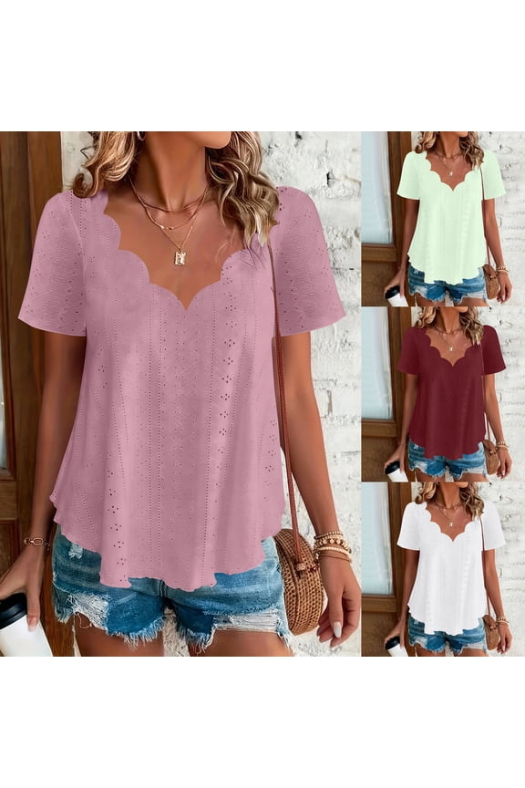 Women Tops Tops for Women Women's Casual Solid Color Comfortable Breathable Court-Style Short-Sleeved Top Watermelon Red XXXL