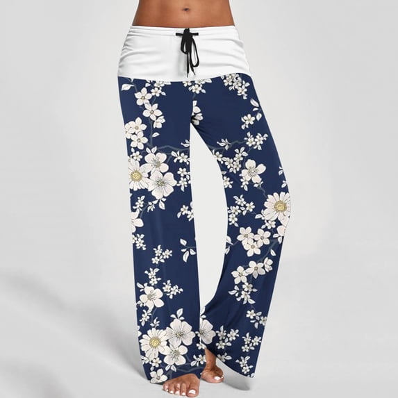 Lenago Women's Comfy Stretch Floral Print Drawstring Palazzo Wide Leg Lounge Pant