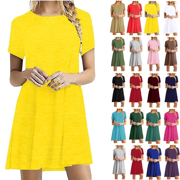 Summer Dresses for Women Lenago Casual Short Sleeve Dress Standard-Fit Midi T-Shirt Midi Sundress Dress XL