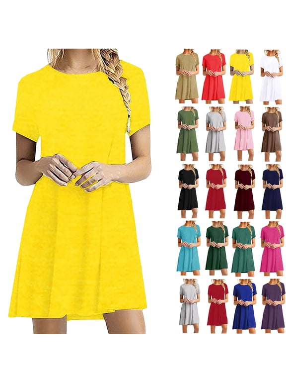 Summer Dresses for Women Lenago Casual Short Sleeve Dress Standard-Fit Midi T-Shirt Midi Sundress Dress XL