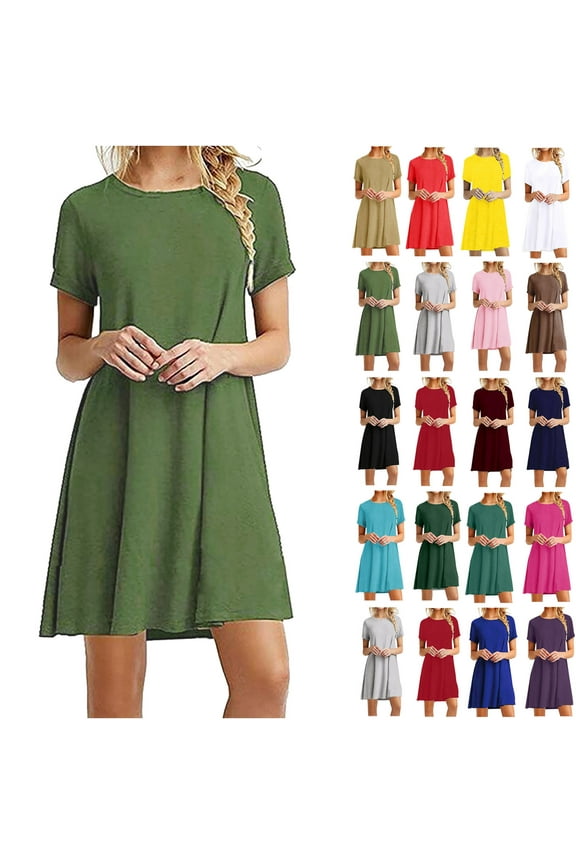 Lenago Dresses for Women Crewneck Casual Loose Dresses Short Sleeve Sundresses Beach Midi T-Shirt Dress XL