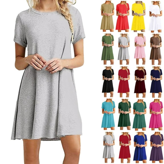 Summer Dresses for Women Lenago Casual Short Sleeve Dress Standard-Fit Midi T-Shirt Crewneck Sundress Dress XL
