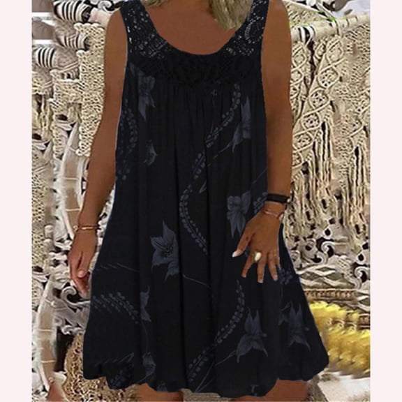 Lenago Women's Dresses Spring/Summer Round Neck Lace Patchwork Printed Loose Sleeveless Dress Casual Dresses S-5XL