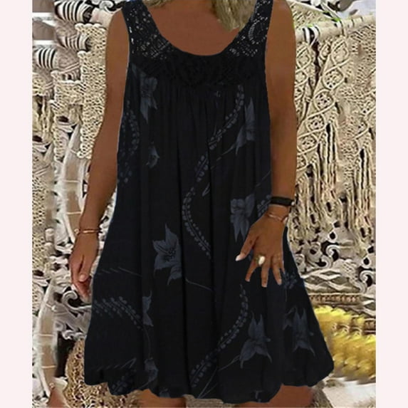 Lenago Women's Dresses Spring/Summer Round Neck Lace Patchwork Printed Loose Sleeveless Dress Casual Dresses S-5XL