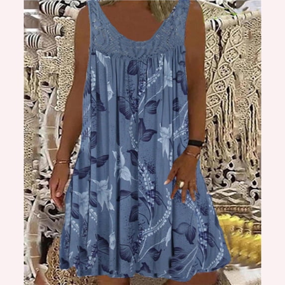 Lenago Women's Dresses Spring/Summer Round Neck Lace Patchwork Printed Loose Sleeveless Dress Casual Dresses S-5XL