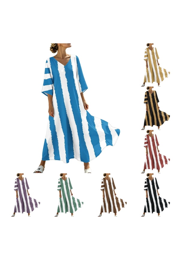 Women's Dresses Women's V-Neck Striped Print Three-Quarter Sleeve Maxi Dress Bohemian Flowy Casual Black L