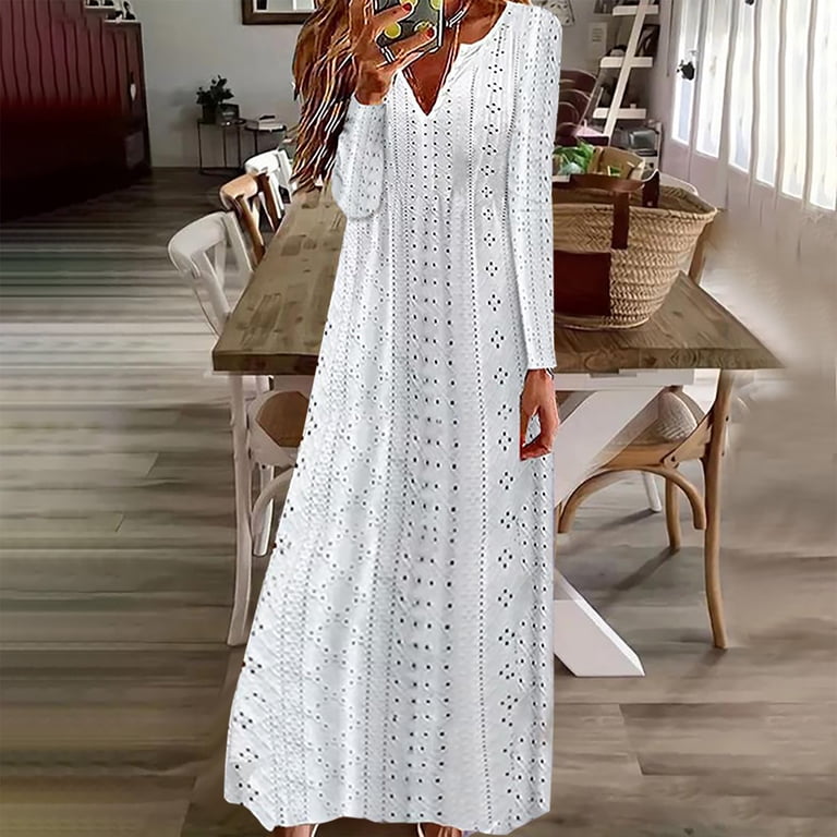 Lenago Women's Fall Dresses 2023 Plus Size Fashion Winter Casual V-Neck Long Sleeve Button Long Dress Flowy Long Dress
