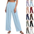 thumbnail image 1 of Lenago Women's Linen Look Pleated Straight Leg Pants with Elastic Waist Lightweight Drapey Trousers for Work Casual Vacation, 1 of 6