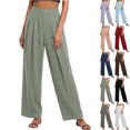 thumbnail image 1 of Lenago Women's Linen Look Pleated Straight Leg Pants with Elastic Waist Lightweight Drapey Trousers for Work Casual Vacation, 1 of 6