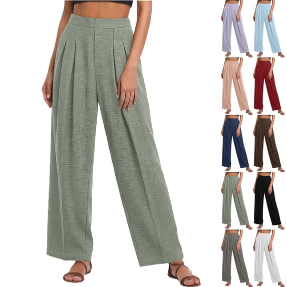 Lenago Women's Linen Look Pleated Straight Leg Pants with Elastic Waist Lightweight Drapey Trousers for Work Casual Vacation