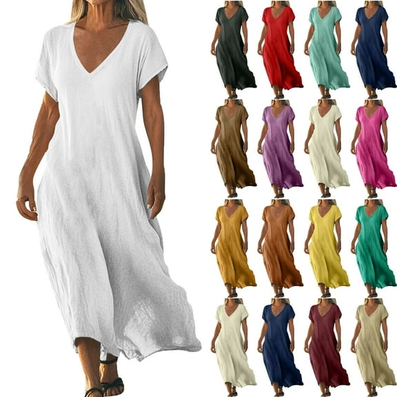 Lenago Women's Maxi Dresses Summer Casual V-Neck Short Sleeve Solid Color Dress Linen Womens Dresses Loose Casual Long Dress Summer Vacation Beach Party S-5XL