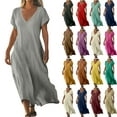 thumbnail image 1 of Lenago Women's Maxi Dresses Summer Casual V-Neck Short Sleeve Solid Color Dress Linen Womens Dresses Loose Casual Long Dress Summer Vacation Beach Party S-5XL, 1 of 7