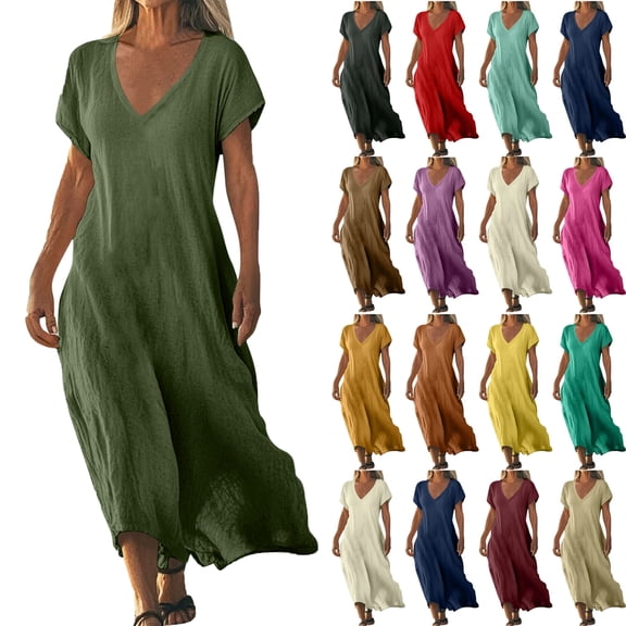 Lenago Women's Maxi Dresses Summer Casual V-Neck Short Sleeve Solid Color Dress Linen Womens Dresses Loose Casual Long Dress Summer Vacation Beach Party S-5XL