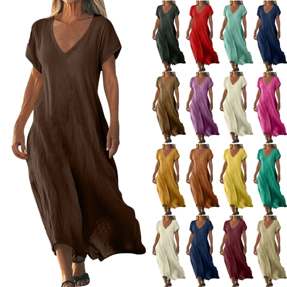 Lenago Women's Maxi Dresses Summer Casual V-Neck Short Sleeve Solid Color Dress Linen Womens Dresses Loose Casual Long Dress Summer Vacation Beach Party S-5XL