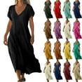 thumbnail image 1 of Lenago Women's Maxi Dresses Summer Casual V-Neck Short Sleeve Solid Color Dress Linen Womens Dresses Loose Casual Long Dress Summer Vacation Beach Party S-5XL, 1 of 7