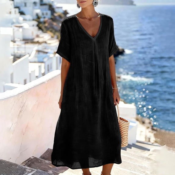 Lenago Women’s Midi Dress Casual V-Neck Short Sleeve Midi Dress Loose Fit Flowy Summer Dress with Pockets Available in 8 Colors Plus Size Summer Vacation Black M
