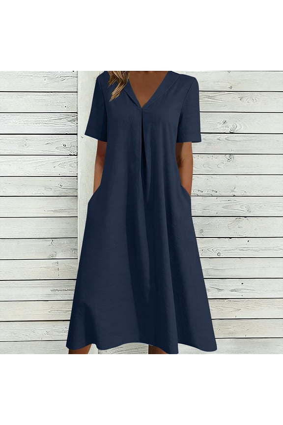 Women's Midi Dress V-Neck Sleeveless A-Line Dress Flattering Waist Side Pockets Flowy Skirt Ideal for Vacation Plus Size Available Navy XXXL