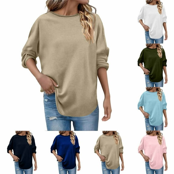 Lenago Women's Oversized Sweatshirts Solid Color Long Sleeved Pullover Loose Crew Neck Tops Sweatshirt Fall Outfits Winter Clothes