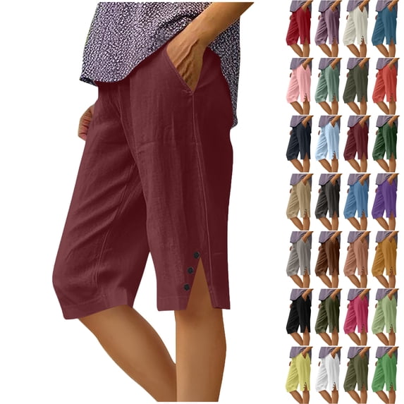 Lenago Women's Pants Casual Capri Pants Loose Fit Summer Cropped Trousers Solid Color Loose Straight Leg Pants With Pockets
