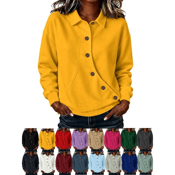 Lenago Women's Plain Sweatshirts Solid Color Sports Casual Loose Button Lapel Hoodless Cozy Trendy Pullover Sweatshirts