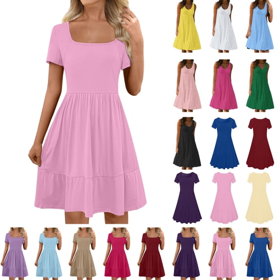 Lenago Women's Plus Size 2025 Summer Dresses Fashion Holiday Summer Solid Color Short Sleeve Party Beach Dress With Pocket