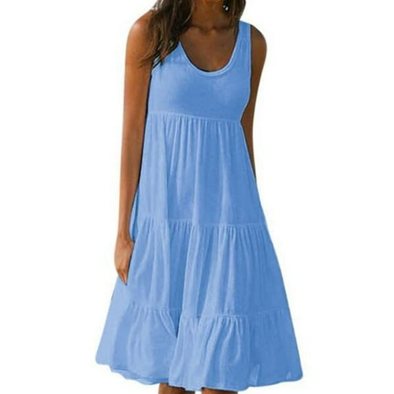 Lenago Women's Plus Size 2025 Summer Dresses Fashion Holiday Summer Solid Color Sleeveless Party Beach Dress With Pocket on Clearance