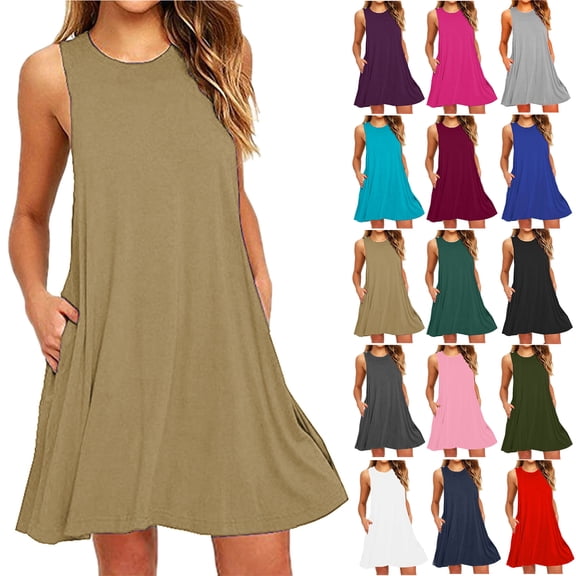 Lenago Women's Plus Size 2025 Summer Dresses Fashion Holiday Summer Solid Color Sleeveless Party Beach Dress With Pocket